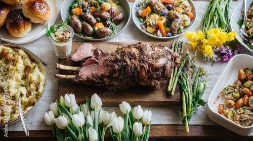Festive spring dinner table with roasted lamb, asparagus, potatoes, bread rolls, and side dishes surrounded by fresh tulips and daffodils,