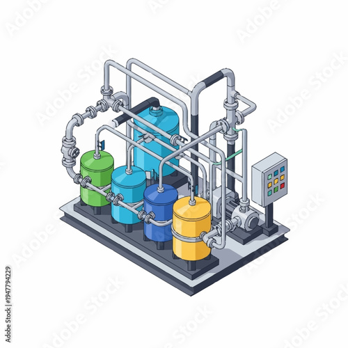 Isometric illustration of a complex industrial water treatment system with multiple tanks, pipes, valves, and a control panel.