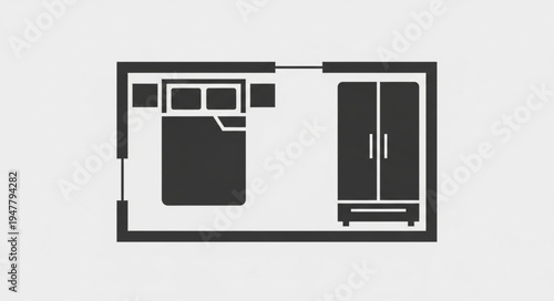 Bedroom Layout with Bed and Wardrobe Top View.