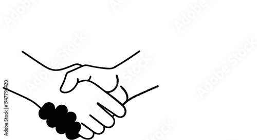 Two hands clasping in a simplified line drawing, one hand has dark, segmented fingers
