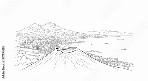 Panoramic view of a coastal city with a prominent volcano