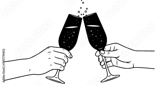 Two hands clink champagne flutes filled with bubbly drink, creating a celebration