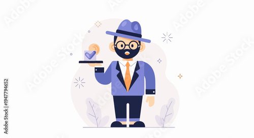 Man in hat and suit offers a tray with a checkmark