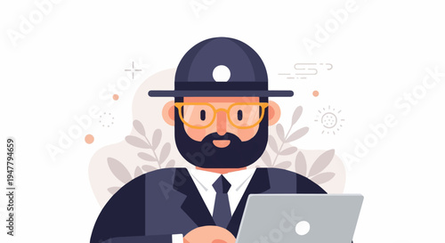Man in hat and suit with glasses works on laptop