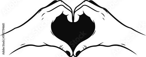 Two hands forming a black heart shape with black outlines on a white background