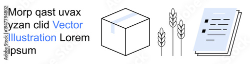 Logistics, agriculture, supply chain, packaging, documentation order management. A box next to wheat stalks and documents. Logistics and agriculture. Line metaphor. Simple line icons