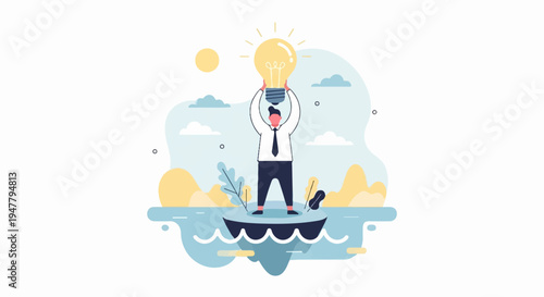 Person holding illuminated light bulb over head on island