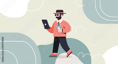 Man in hat with tablet and drink walks through abstract landscape