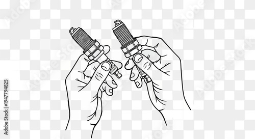 Two hands holding spark plugs, line art illustration