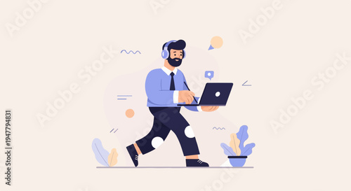 Man in headphones walks with a laptop, working remotely