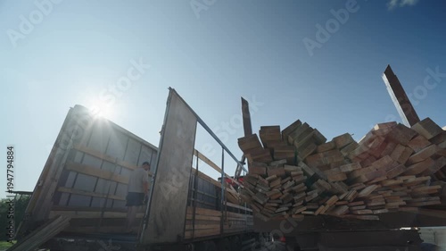  The process of loading wooden logs onto special equipment in the summer