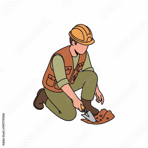 An archaeologist in a hard hat and vest carefully excavates dirt with a trowel, revealing small objects.