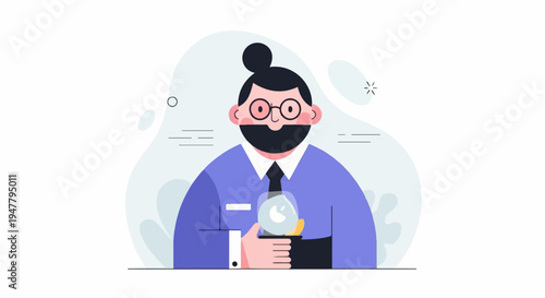 Man in purple suit with bun hairstyle holds a glass with an apple