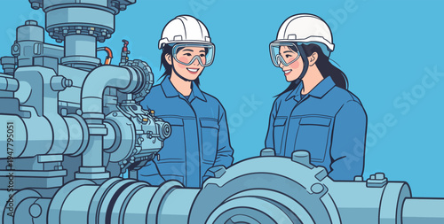 Two women wearing hard hats and safety goggles chat by large machinery in a factory during work hours.
