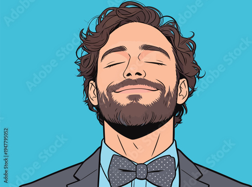 A man smiles with his eyes closed, wearing a suit and bow tie. He has curly hair and stands in front of a blue background.