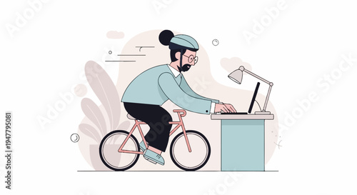 Man in helmet rides bicycle to desk and types on laptop