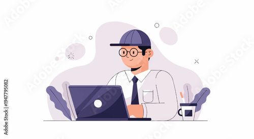 Person in a cap and glasses working on a laptop, with a coffee cup nearby