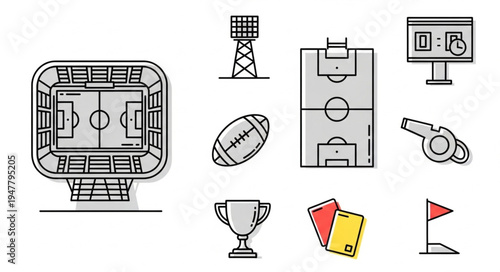 Football Icons - Stadium, Ball, Field, Trophy, and Referee Tools.
