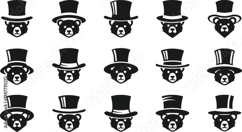 Bear with Top Hat Icon Set for Vintage, Luxury, and Fashion Mascot Illustrations