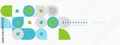 Abstract geometric shapes, circles, squares, triangles. Light blue, green hues dominate composition. Minimalist design, clean aesthetic.