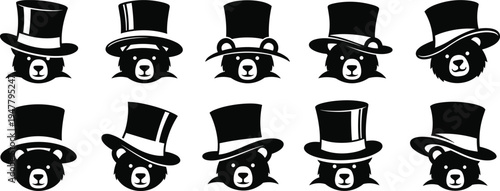 Bear with Top Hat Illustration Set for Vintage, Fashion, and Animal Mascot Designs