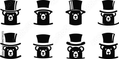 Bear with Top Hat Icon Set for Fashion, Luxury, Vintage Style, and Animal Themed Designs