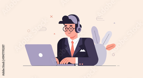 Man in suit and headphones works on a laptop with abstract background