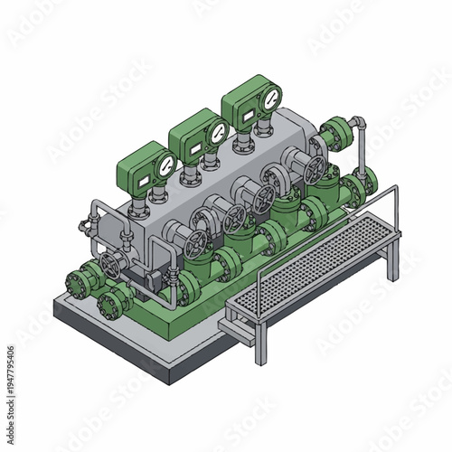 Isometric view of industrial pipeline system with multiple valves and gauges.