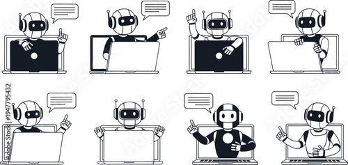 Robot Icon Set with Laptops and Speech Bubbles for AI, Communication, and Technology Design