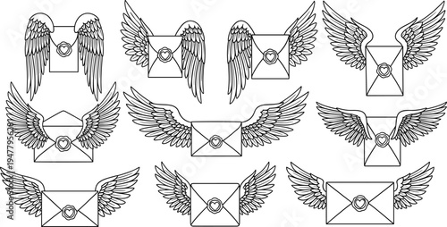 Winged Envelope Icon Set with Seals for Letter, Messaging, and Communication Design