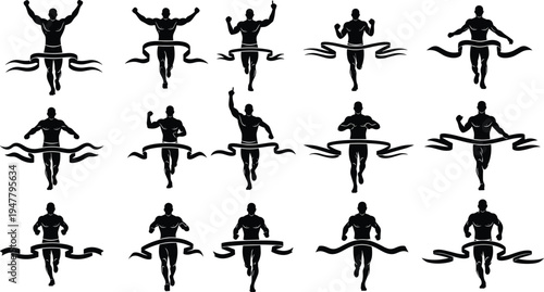 Runner Crossing Finish Line Icon Set with Victory Poses, Ribbon, and Athletic Achievement for Sports and Fitness Design