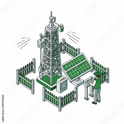 Isometric illustration of a weather station with a tower, solar panel, and a person operating the controls.