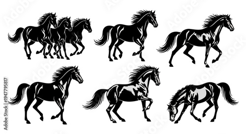 Set of Black Horse Silhouettes in Various Poses, Dynamic and Elegant Equine Illustrations