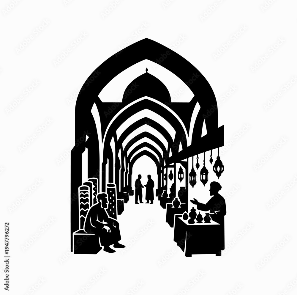 Obraz premium Persian Bazaar Street Silhouette Traditional Iran Market Architecture