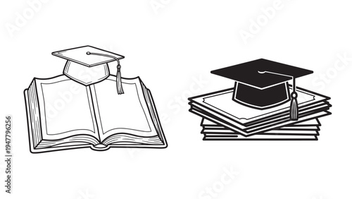 Books Stack with Graduation Cap Line Drawing Vector for Education Publishing Academic Resources and School Graphics