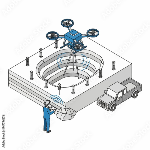 Drone surveying a quarry with a worker and a pickup truck.