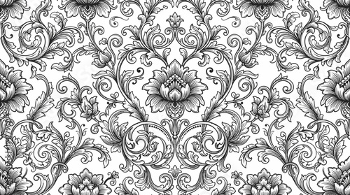 Intricate black and white floral pattern with swirling vines and detailed blossoms