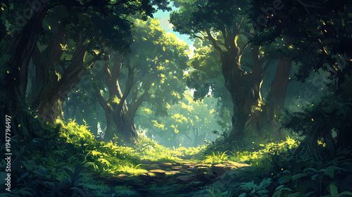 Sunlight streams through a dense, ancient forest illuminating a mossy pathway leading into the vibrant green depths of the mysterious woods.
