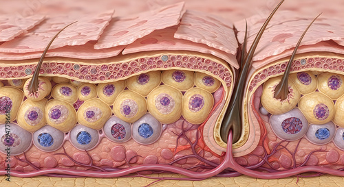 Detailed 3d render of hair follicle structure with surrounding skin cells, medical illustration, educational anatomy