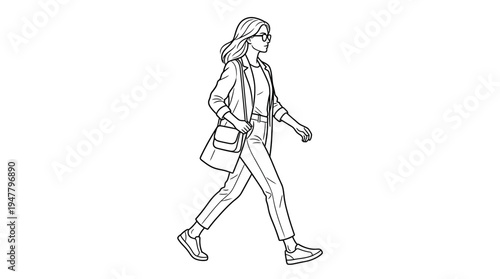 Woman walking with purse and jacket.