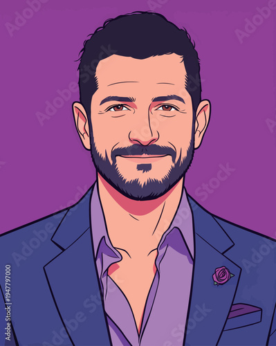 A man dressed in a suit smiles while wearing a rose on his lapel. The background is a solid purple color.