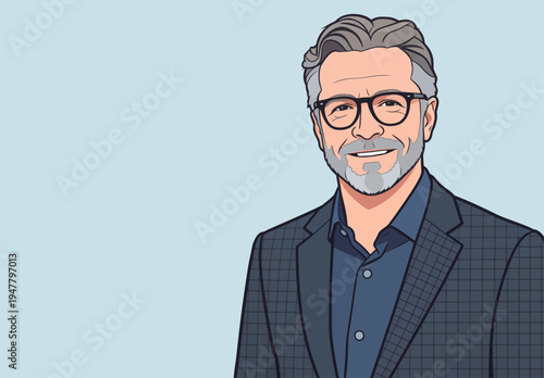 A man stands with a warm smile wearing a suit and glasses. He has light gray hair and a beard. The background is plain.
