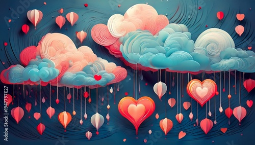 stylized clouds raindrops and a heart create a whimsical decorative and playful scene