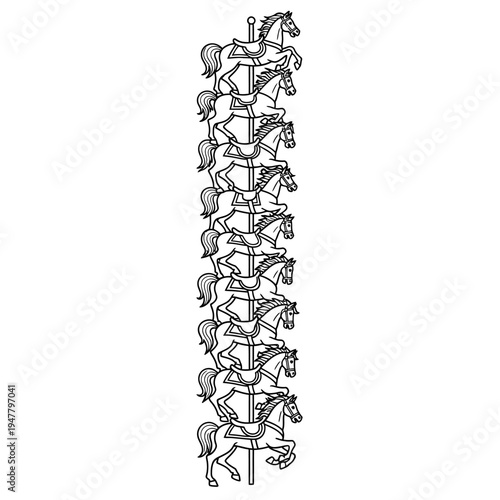 a black and white drawing of horses on a carousel.