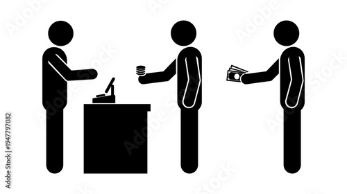 Cashier Payment Stickman Silhouette Set – Paying Money Vector Icons.