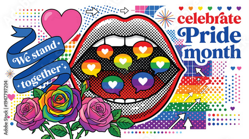 Vibrant pop art illustration celebrates LGBTQ Pride month with diverse heart icons emerging from open lips and rainbow roses.