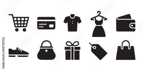 Shopping cart and credit card with t-shirt dress wallet shoes handbag gift box price tag shopping bag