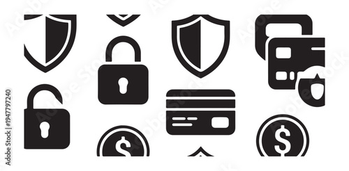 Cyber security and financial protection icons with shield padlock credit card and currency symbols
