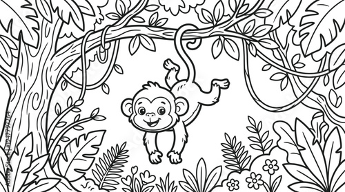 Monkey hanging from a vine smiling.