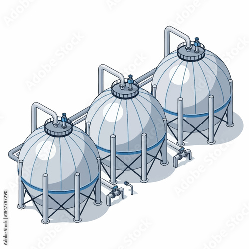 Three large spherical storage tanks connected by pipes, representing industrial infrastructure for storing liquids or gases.